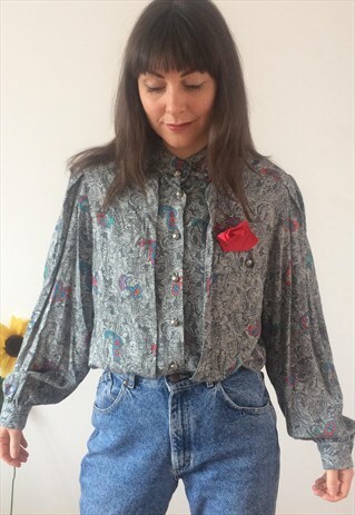 VINTAGE 80S GREY WITH PAISLEY PRINT SHIRT BLOUSE