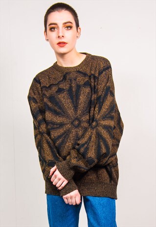 VINTAGE 90'S BROWN PATTERN KNIT OVERSIZED JUMPER