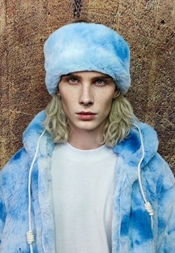 Fleece headband luxury fluffy head cover in tie-dye blue