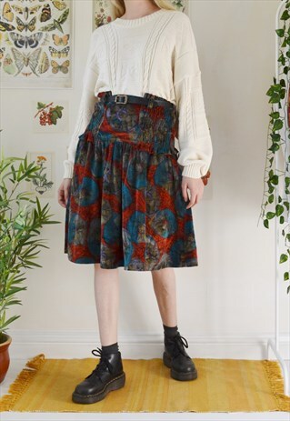 VINTAGE HIGH WAIST VELVET ABSTRACT MIDI SKIRT