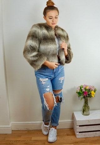 STRIPY DETAIL FAUX FUR JACKET