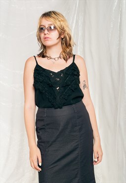 Vintage Slip Top 70s Frilly Fairy Cami in Black Lace