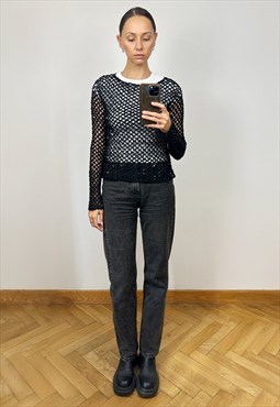 Vintage Black Crochet Embellished Long Sleeve Top