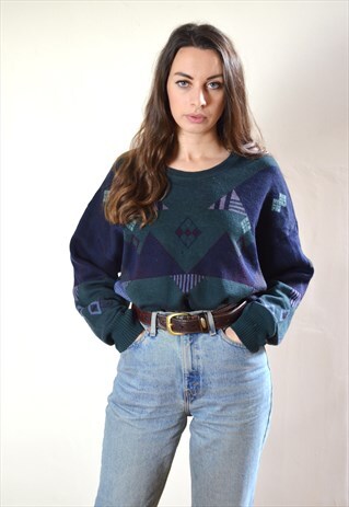 80S VINTAGE GREEN & BLUE ABSTRACT PATTERN WOOL KNIT JUMPER