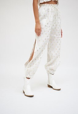 White/gold paisley print smock waist trouser with side slit