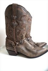 Vintage Brown Genuine Leather Biker Boots Shoes Cowboy boots