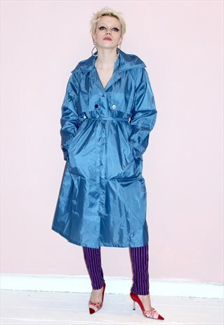 90S VINTAGE SHELL PETROL BLUE RAIN COAT TRENCH MAC PARKA