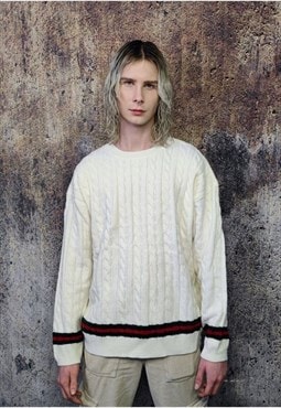 Cable knitwear sweater contrast stripe retro jumper in white