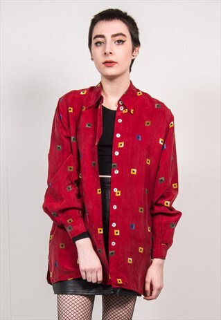 VINTAGE 90'S BURGUNDY SQUARE PRINT OVERSIZED SHIRT