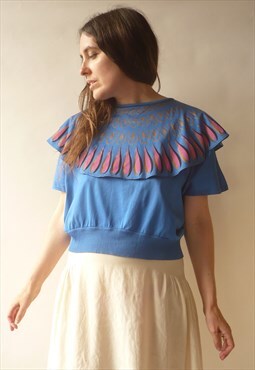 1980's Vintage Batwing & Ruffle Style Blue Batwing Tshirt
