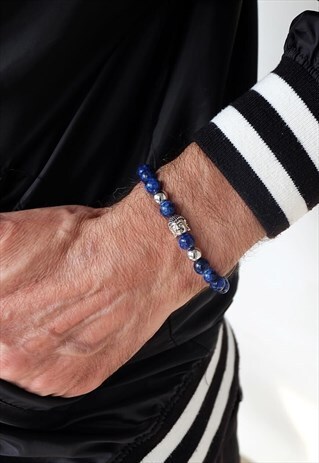 BUDDHA HEAD WITH LAPIS POWER BEAD BRACELET MEN SILVER