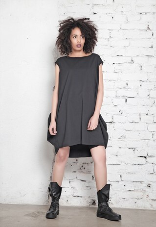 BLACK ASYMMETRIC DRESS - BLOUSE - TUNIC / BLACK MAXI DRESS