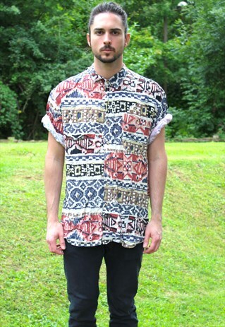 VINTAGE 90S ART AZTEC NERD SHIRT - XL - FESTIVAL - ABSTRACT