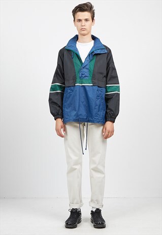 VINTAGE BLACK BLUE SHAMP WINDBREAKER RAIN PULLOVER JACKET