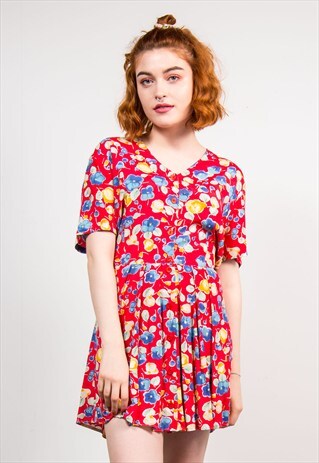 90'S VINTAGE RED FLORAL PATTERN MINI DRESS