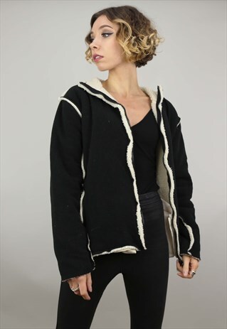 VINTAGE 90S OVERSIZED BLACK FLEECE JACKET TEDDY SHERPA