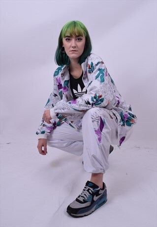 VINTAGE 80'S WHITE PURPLE CRAZY PRINT SHELLSUIT TRACKSUIT L