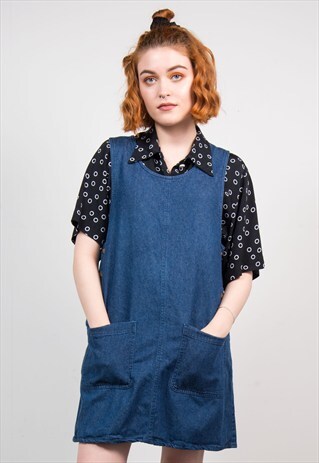 VINTAGE 90'S DARK DENIM GRUNGE PINAFORE DRESS