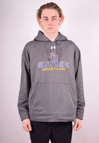 UNDER ARMOUR MENS VINTAGE HOODIE JUMPER LARGE GREY 90S