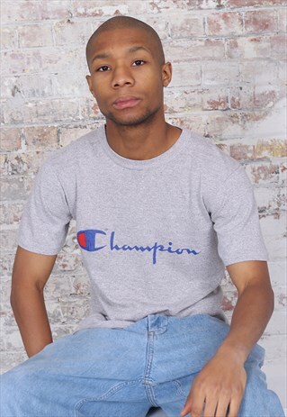 VINTAGE CHAMPION LOGO SPELL OUT T-SHIRT GREY