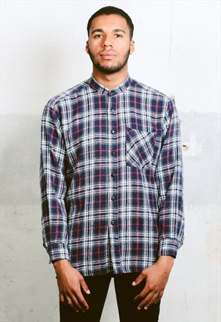 VINTAGE BAND COLLAR PLAID SHIRT