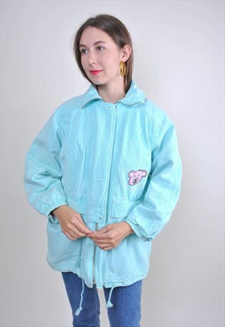 80S CUTE BLUE HOODED PARKA WITH BEAR PRINT, SIZE
