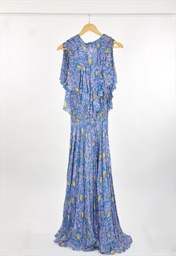 60s Vintage Blue Purple Abstract Geometric Ruffle Maxi Dress