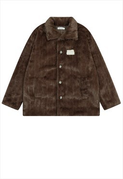 Faux fur aviator jacket preppy puffer fleece coat in brown