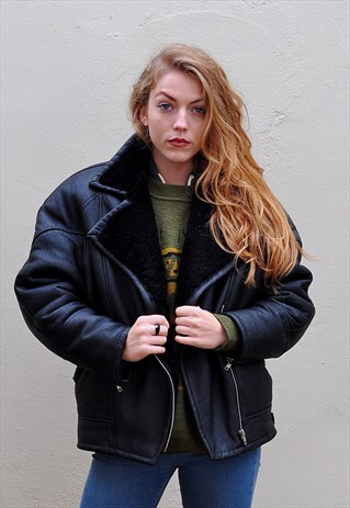 VINTAGE BLACK FAUX FUR TRIMMED LEATHER BIKER JACKET