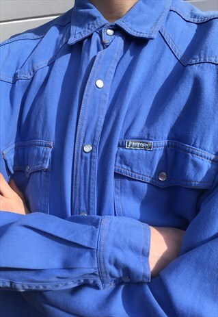 MENS VINTAGE 80S SHIRT BLUE DENIM STYLE SHIRT WESTERN TOP