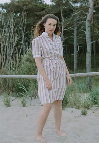 STRIPED DRESS VINTAGE 70S/80S MINIMALIST BELTED TIED WAIST
