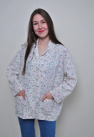 WHITE FLOWERS BLOUSE, 80S BOHO FLORAL SHIRT, WOMEN VINTAGE