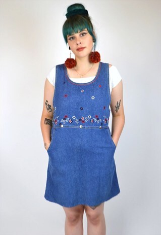 VINTAGE 90'S EMBROIDERED DENIM PINAFORE DRESS