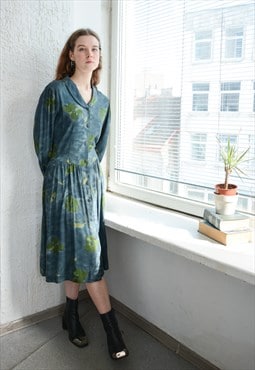 Vintage Green Abstract Print Long Sleeved Midi Dress