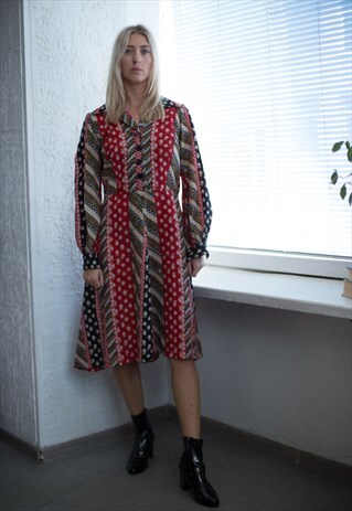 VINTAGE 80'S MULTI COLOUR FLOWER PATTERNED MIDI DRESS
