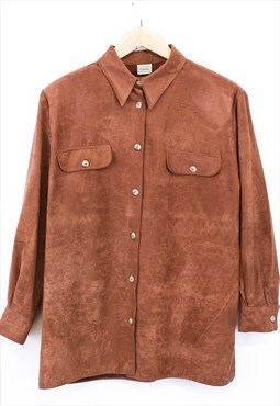 Vintage Suede Shirt Brown Button Up Long Sleeve 90s 