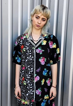 Floral shirt retro Poppy print short sleeve top in black 