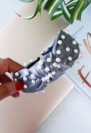 GREY VELVET PEARL TOP KNOT ALICE HEAD BAND