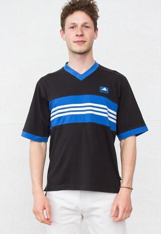 90S VINTAGE BLACK BLUE ADIDAS V-NECK LOGO T-SHIRT