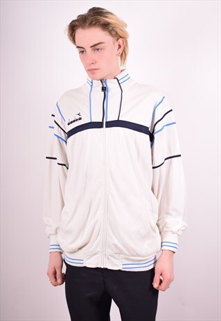 DIADORA MENS VINTAGE TRACKSUIT TOP JACKET LARGE WHITE 90S