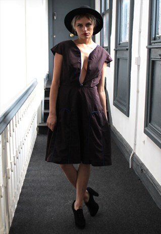 VINTAGE STYLE 50S LOW CUT OPEN CHRISTMAS PARTY BROWN DRESS