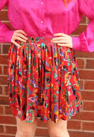 VINTAGE 80'S RED RAINBOW GEOMETRIC FESTIVAL PLEATED SKIRT