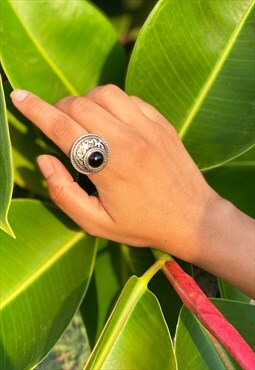 Silver 925 Arabic Statement Ring with Black Agate Stone
