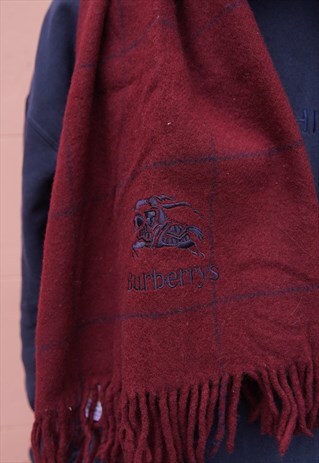 VINTAGE 80S BURBERRY CHECK SCARF SHAWL BURGUNDY RED LOGO