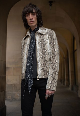 MENS FAUX LEATHER SNAKE PRINT ZIP JACKET