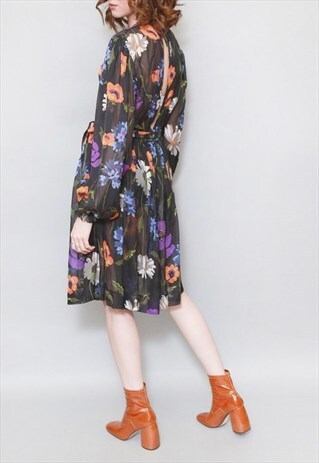 VINTAGE 1970'S SILK CHIFFON FLORAL PRINT BOHO DRESS