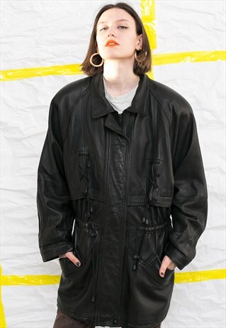 VINTAGE LONG BLACK LEATHER JACKET