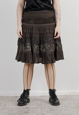 Vintage Y2k Brown Layered Floral Lace Mid Waist Skirt L