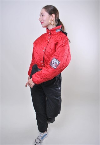 80S FRANCE BLACK ONE PIECE SKI SUIT, VINTAGE WOMAN SNOW SUIT