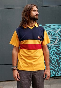 Vintage 90s V-Neck Polo Shirt in Yellow & Navy & Red 